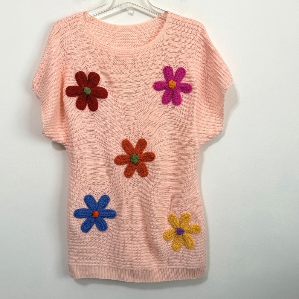 Sweater 3D Floral‎ Crochet Knit L Pink Casual Summer Spring Short Sleeve Party